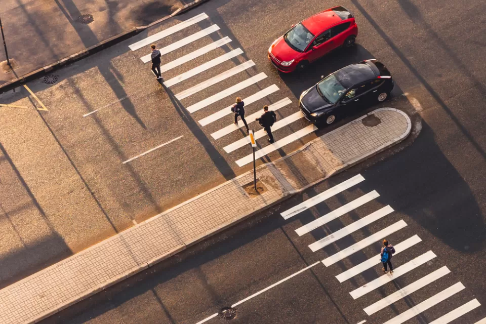 Overhead view of crosswalk with pedestrian median